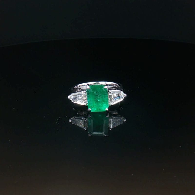 Natural 2.57 ct Emerald & 0.80 ct VVS-VS Fancy-Cut Diamond Three-Stone Ring in 18k White Gold