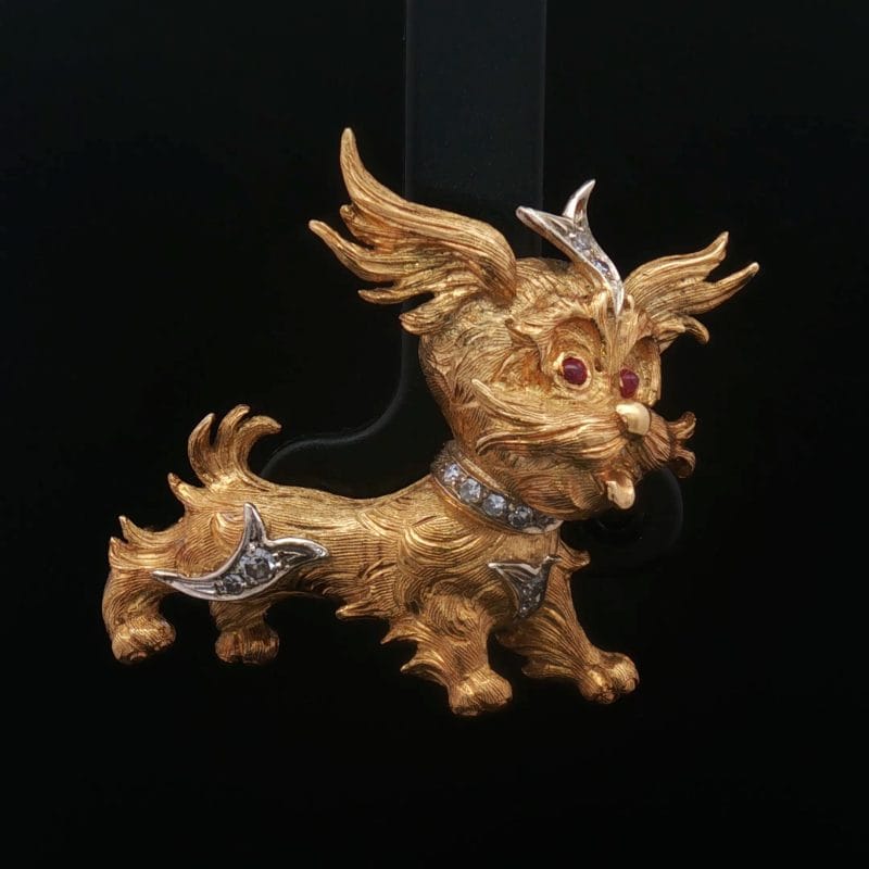 złota brosza piesek diamenty rubiny złoto 18k vintage