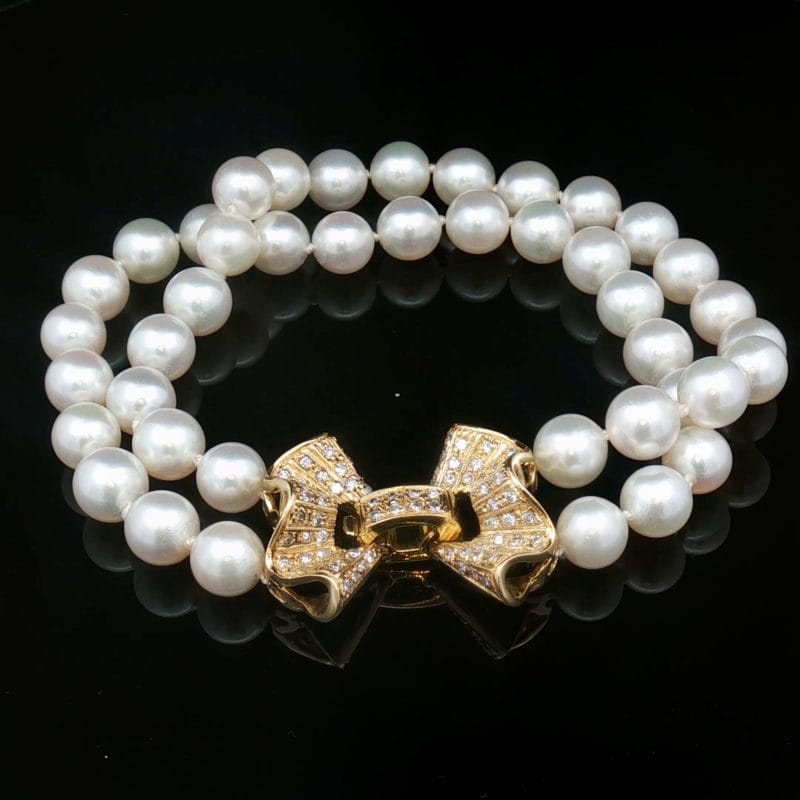 bransoleta perły Akoya złoto 18k diamentowa kokarda 0.60 ct