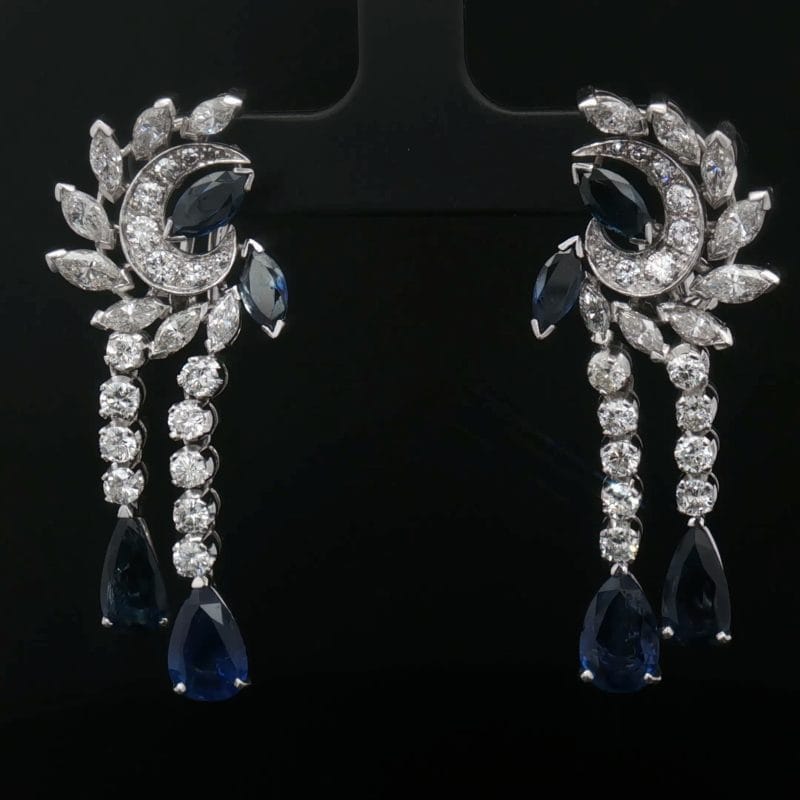Vintage Drop Earrings from the 1950s/1960s – White Gold, 7.00 ct Sapphires and 5.95 ct Diamonds
