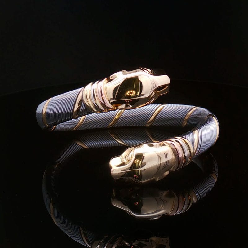 Cartier Panthère Open Cuff – vintage bransoleta z żółtego złota 18K i stali, rozmiar 16 cm