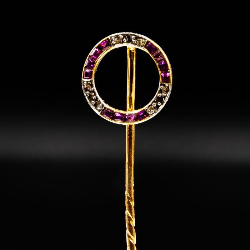 Antique gold and platinum pin with natural rubies and diamonds