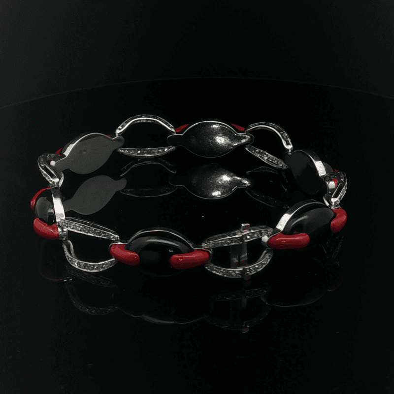 Luxos Arts platinum Art Deco bracelet with diamonds, onyx and red-burgundy enamel